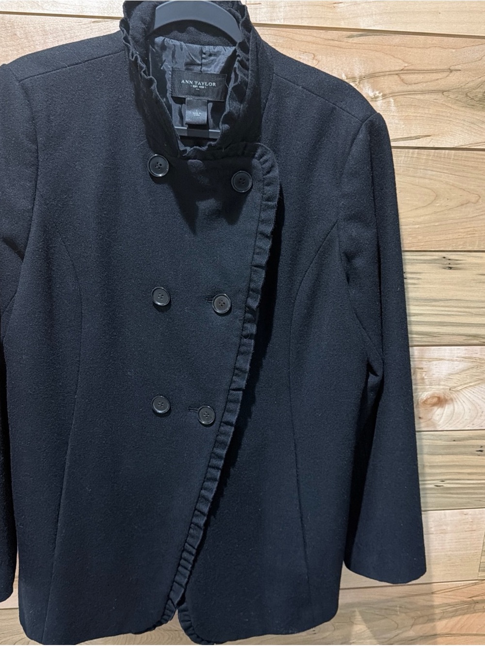 Ann Taylor Black Double-Breasted Pea Coat with Ruffle Trim